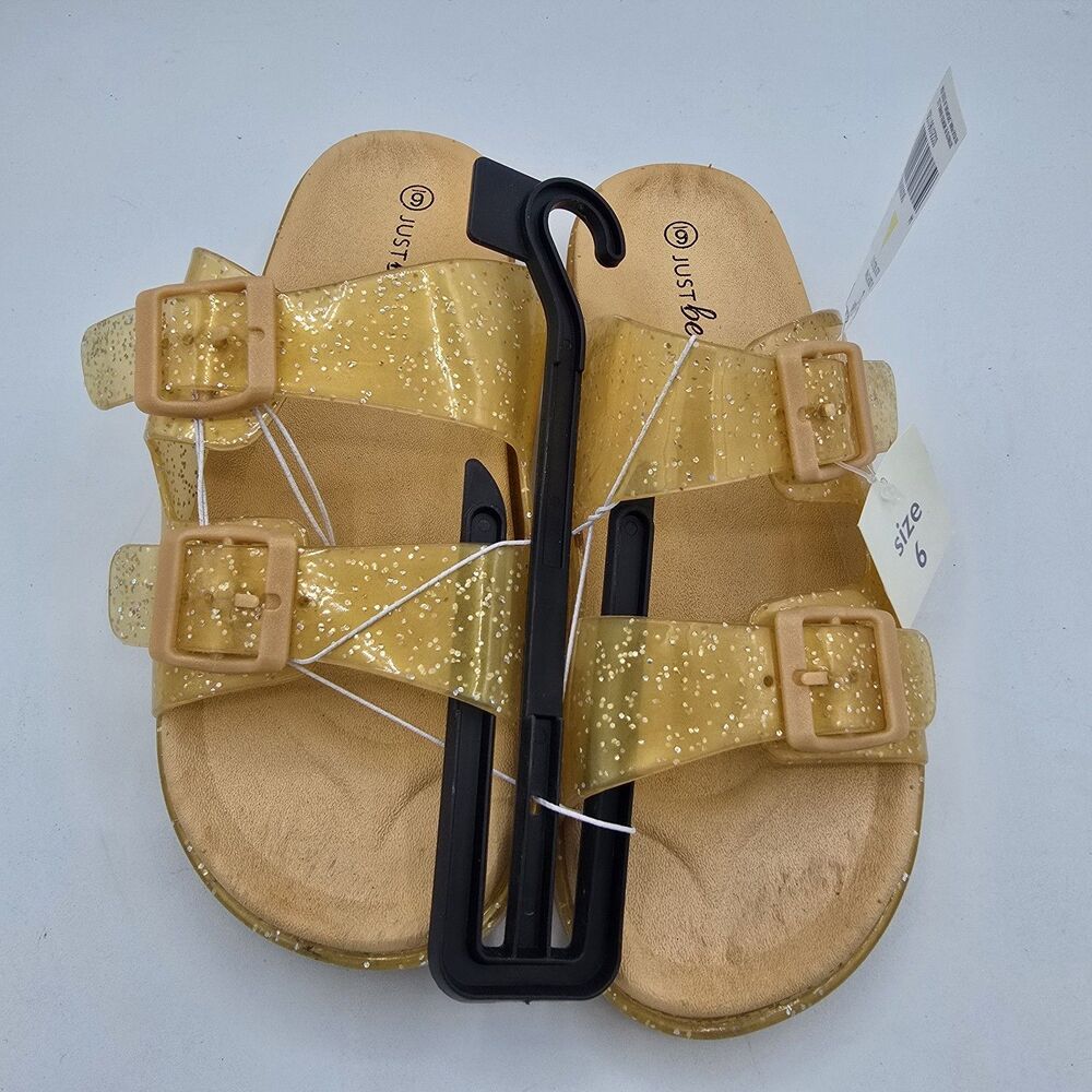 JUST be Shoes Womens Size 6 Gold Glitter Buckle Sandals Beach SlipOn Brand New